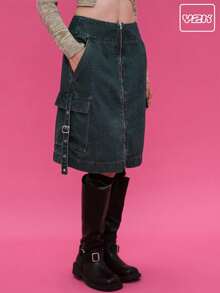 COUREZ 拉链前开襟工装裙 / Y2K 出门穿搭 秋季女装 秋装 可爱冬装 - 中等水洗藍 - 查看 1