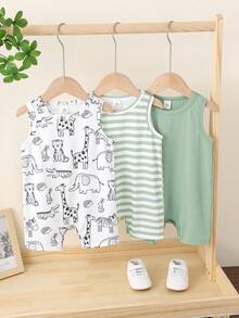 3pcs Newborn Baby Boy Cute Cartoon Striped Sleeveless Knit Romper Set, Summer - Mint Green - View 7
