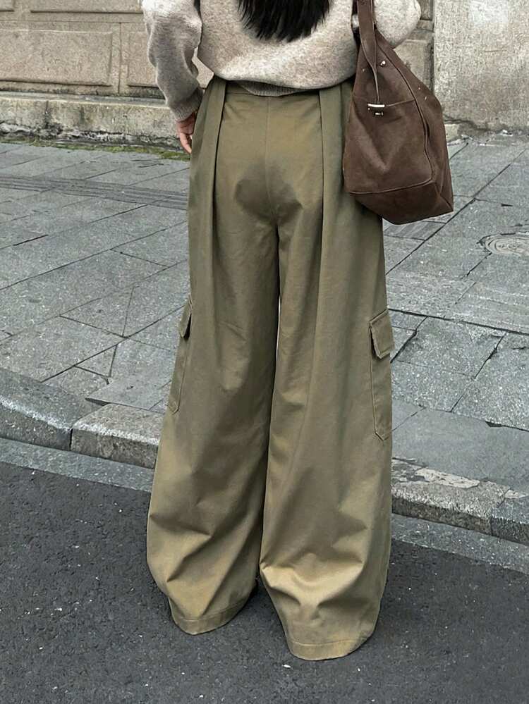 Women's Loose Pleated Solid Color Cargo Pants, Casual Street Style, Autumn/Winter Y2k