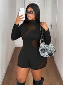 Maweii 加大码黑色性感高领长袖透视拼接修身连体衣 - 黑色 - 查看 5