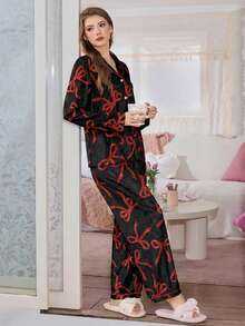SHEIN 可爱蝴蝶结装饰女士睡衣套装 - 彩色 - 查看 4