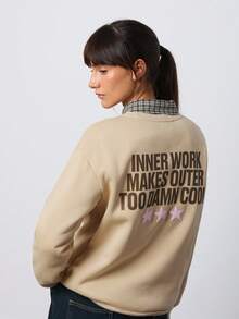 SURIMA Sudadera holgada de mujer de cuello redondo, manga larga, estampado minimalista casual - Albaricoque - Ver 6
