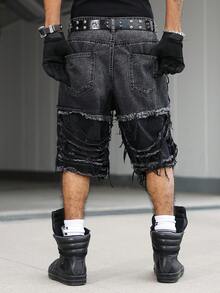 Manfinity EMRG Men's Casual Distressed Frayed Hem Printed Black Denim Shorts - Black - View 2