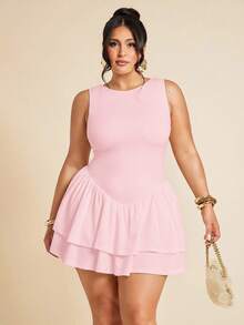 SHEIN BAE 大码女装春夏基础款纯白色无袖紧身褶皱修身优雅迷你双层荷叶边连体裤，女士连衣裙，情人节连体裤，日常连体裤，优雅连体裤，白色连体裤 - 珊瑚粉 - 查看 1