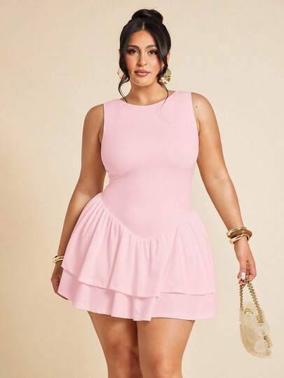 SHEIN BAE 大码女装春夏基础款纯白色无袖紧身褶皱修身优雅迷你双层荷叶边连体裤，女士连衣裙，情人节连体裤，日常连体裤，优雅连体裤，白色连体裤