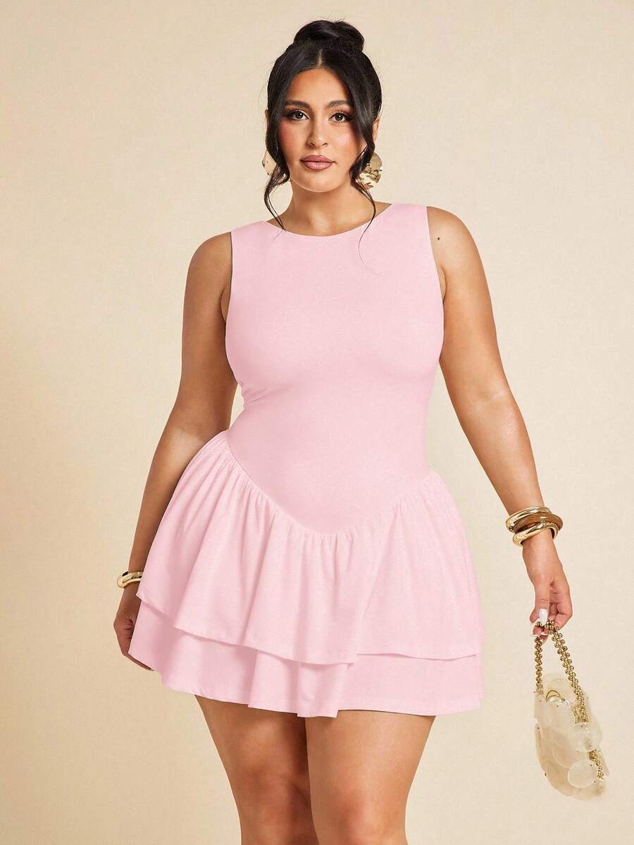 SHEIN BAE 大码女装春夏基础款纯白色无袖紧身褶皱修身优雅迷你双层荷叶边连体裤，女士连衣裙，情人节连体裤，日常连体裤，优雅连体裤，白色连体裤 - 珊瑚粉 - 查看 1