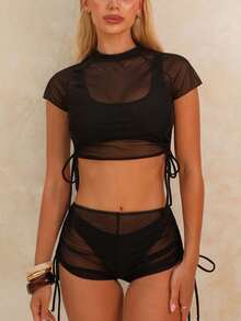 Swim Chiccia Bộ bikini quây 4 món màu trơn, bao gồm quần tam giác hở lưng cổ vuông đơn giản, áo crop top tay ngắn cổ vuông bằng lưới, quần short cạp cao buộc dây bên hông, đồ bơi đi nghỉ mát cho nữ. - màu đen - Xem 7