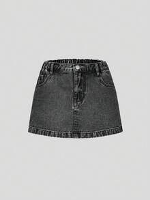 SHEIN 少女Y2K风格牛仔短裙，时尚水洗牛仔蓝，百搭舒适不对称设计，弹性腰带，少女牛仔短裙 - 黑色 - 查看 4