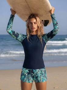 Swim SPRTY 熱帶圖案坦基尼套裝長袖高領T恤和短褲2入組防曬衣泳衣