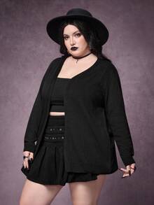 ROMWE Goth 大码女式哥特植物与新月城堡刺绣网纱拼接薄款开衫 - 黑色 - 查看 2