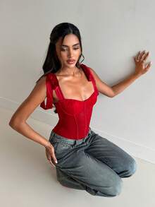 Aloruh 女士性感情人节纯红色蝴蝶结蕾丝连体衣 - 紅色 - 查看 7