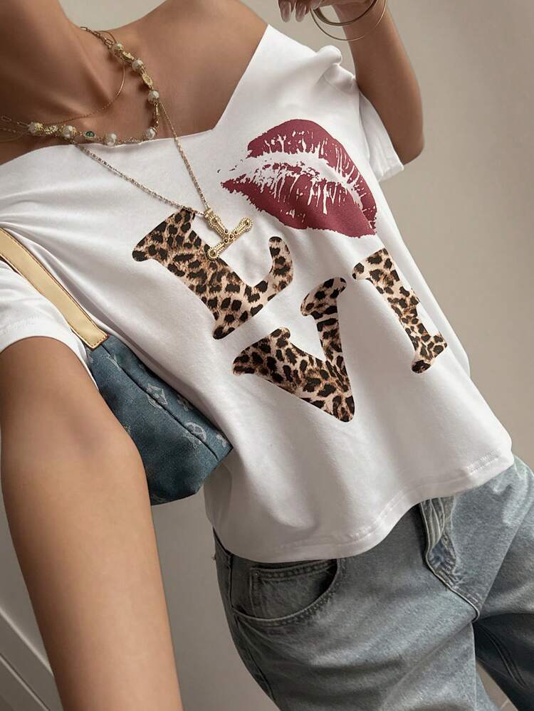 Women's Loose Casual Vacation Leopard Print T-Shirt, Suitable For Spring & Summer Graphic Tees Women
