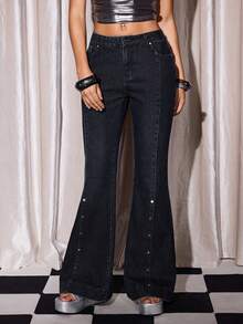 Y2Kool BiGraphic 女士复古时尚修身喇叭裤低腰牛仔裤Y2K纽扣牛仔裤街头朋克牛仔裤春季女士生日嘉年华 - 深色水洗藍 - 查看 2
