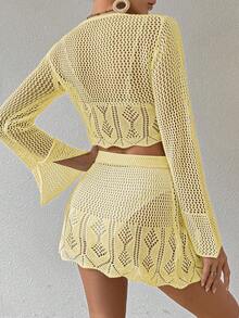 Swim Vcay Bộ kimono và chân váy màu trơn khoét eo, buộc dây phía trước dành cho nữ, thích hợp cho kỳ nghỉ. - Màu vàng - Xem 2