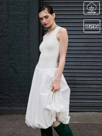 COUREZ 双层泡泡下摆吊带连衣裙 / 女士夏季穿搭 可爱夏日连衣裙 Y2K街头风中长连衣裙 度假复古棉质