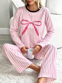 EURMUSE Cotton 2Pcs Striped&BOW Printed Long Sleeve Shirt And Striped Long Bottom Lounge Set - Pink - View 5