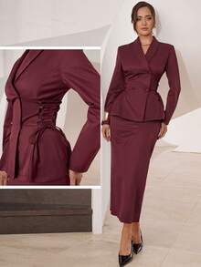 Modelyn Ensemble 2 pièces top à manches longues et jupe de couleur unie minimaliste pour femmes, tenue décontractée pour tous les jours