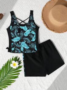 SHEIN 少女修身休闲简约舒适运动圆领无袖侧系带泳衣套装 - 黑色 - 查看 3