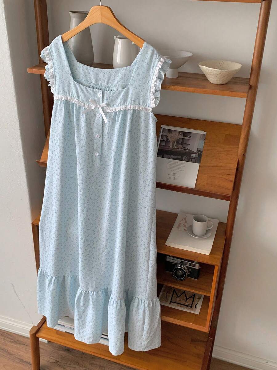 DAZY Ditsy Floral Ruffle Hem Midi Nightgown For Women - Blue - View 1