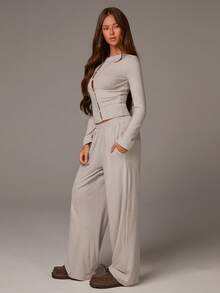 Athîral Pantalon décontracté gris clair pour femmes, coupe ample en H, tissu tricoté doux et confortable. Pantalon gris, décontracté pour femmes, idéal pour la maison et les sorties, les aéroports - Gris - Voir 5
