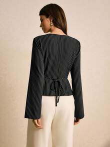 Poéselle Women's Cross Wrap Long Sleeve Ruched Asymmetrical Striped Blouse - Black - View 6
