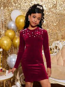 Tween Mädchen Kleid, burgunderrot, süß, elegant, Rundhalsausschnitt, eng anliegend, Samtimitat, mit Perlenbesatz, für Partys, Zusammenkünfte, Kunstperle, Samt, Neujahr - Bordeaux - Übersicht 2