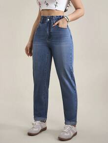 SHEIN Tall 女士高腰口袋锥形休闲百搭牛仔裤 - 藍色 - 查看 3