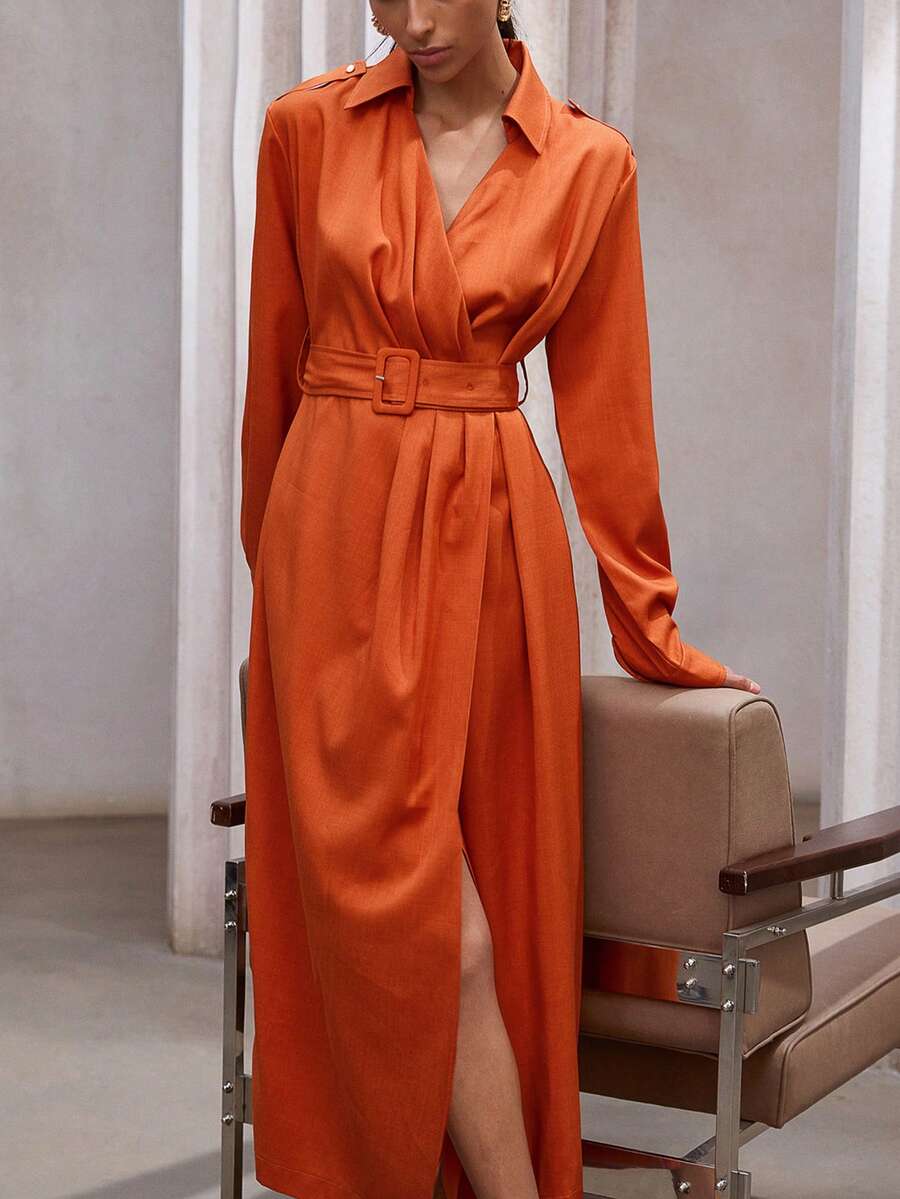 Aveloria Modichic 时尚优雅修身通勤连衣裙，设计精致 - 橘色 - 查看 1