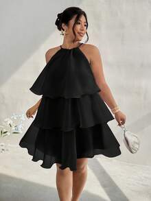 Firerie Plus Size Elegant Layered Cake Dress, Lightweight & Slimming, Suitable For Dates, Gatherings, Parties, Sleeveless For Women, Spring/Summer, Summer Dresses - Black - View 3