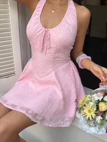 Sunnyshic Đầm ngắn dáng chữ A cổ vuông xếp ly bằng vải chiffon jacquard kiểu dáng ngọt ngào, thích hợp cho kỳ nghỉ hè, dành cho nữ, mùa xuân/hè. - Hồng - Xem 5