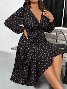 SHEIN Frenchy Đầm tay phồng họa tiết hoa dáng rộng, cỡ lớn, thích hợp cho mùa xuân và thu, đầm nữ mùa thu, thanh lịch. - Nhiều màu - Xem 5
