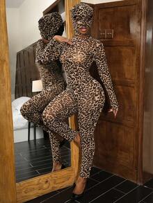 Fantasy Costume 两件套豹纹/猎豹纹网纱拼接透视连体衣+头饰，女士派对、音乐节、夜店、酒吧服装 - 棕色 - 查看 5