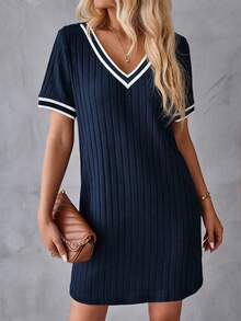 EMERY ROSE Fashionable Casual New Blue Ribbed V-Neck Splice Contrast Color Knit Dress - Multicolor - View 5