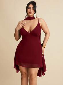 SHEIN BAE 夏季海滩度假大码服装，适合假日、派对、聚会、约会、旅行、外出、音乐节、演唱会、乡村音乐节等场合。这款优雅的纯黑色深V领缎带迷你连衣裙，适合日常约会、夜生活、夜店、派对、聚会、鸡尾酒会、假日连体裤、泳池派对、办公室穿着、通勤装、女士生日礼服等。 - 酒紅色 - 查看 6