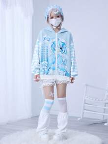 ROMWE EDITION Anime Style Blue & White Plaid Contrast Stripe Print Hooded Loose Sweatshirt Jacket - Multicolor - View 8