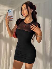 SHEIN EZwear 女士网纱拼接圆领短袖褶皱性感黑色紧身连衣裙 - 黑色 - 查看 5