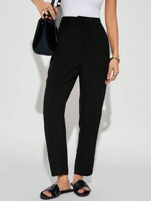 SHEIN PETITE Women's Solid Color Pants, Teacher Formal Trousers, Suitable For Daily Wear, Office Commute,Fall Black Slacks Women - Black - View 6