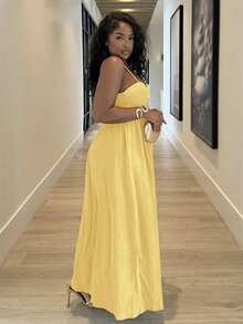 Alexandranx 女式褶皱无袖连衣裙，度假风格，春夏，女式夏季服装，女式沙滩服装，女式，春假，女式演唱会服装，波西米亚风，狂欢服装，热带度假，节日，浪漫女式夏季连衣裙，波西米亚风女式连衣裙，女式热带连衣裙，女式连衣裙，度假新品女式连衣裙 - 淡黃色 - 查看 6