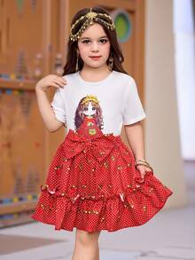 Set de 2 piezas de camiseta de punto de manga corta con cuello redondo y estampado de niña linda y falda con volantes de parches con estampado floral de rosas y lunares, color rojo, para niñas pequeñas en vacaciones - Rojo - Ver 7