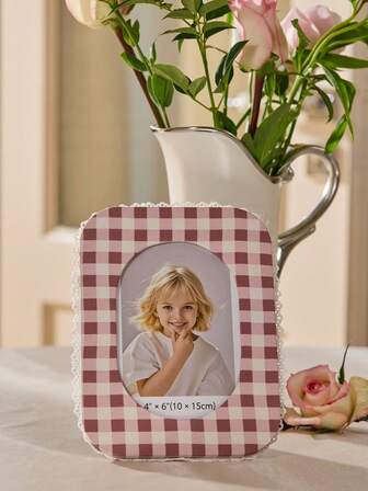1 st - fotoram i naturrosa rutig tyg, tillverkad av moderna material i europeisk och amerikansk stil, 15 cm rektangulär ram, lämplig för högtider, heminredning, festfoton och julklappar.
