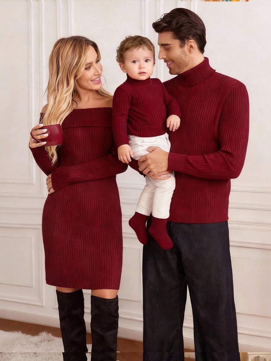 SHEIN 家庭装妈妈和我（3件单独出售）男婴女婴休闲可爱提花图案套头衫，适合秋冬季、居家、外出、圣诞派对