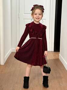 Emery Rose Kids Emery Rose Kids Váy chữ A nhung kẻ sọc cho bé gái, váy dài tay thanh lịch, dự tiệc sinh nhật, đi nghỉ, tuyệt vời cho trang phục thường ngày & mặc hàng ngày & đi học vào mùa thu & đông, cho Giáng sinh, phù hợp cho mẹ và con gái - Màu Đỏ Sâu - Xem 4