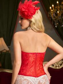 PinupPomp 缎面提花3D玫瑰装饰宫廷胸衣 - 紅色 - 查看 6