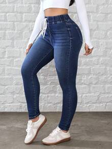 SHEIN Tall Women's Drawstring Waist Skinny Casual Commuting Jeans - Medium Wash - View 4