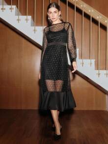Anewsta Black Elegant Mesh Patchwork Flocked Foil Midi Dress For Women, Spring/Summer - Black - View 5