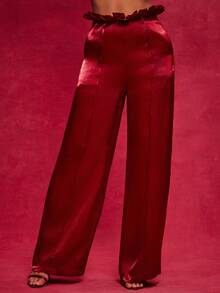 NYA SZN 荷叶边腰带雪纺亮片裤，适合节日、圣诞节、秋冬日常、商务休闲、办公室、外出、街头风、辣妹风，简约优雅，适合正式场合、婚礼宾客、特殊场合等场合，女士必备单品 - 紅色 - 查看 4