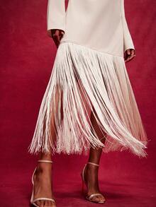 NYA SZN 长袖V领露肩流苏宽松白色连衣裙，适合节日、圣诞节、新年夜、复活节、情人节、冬季、春季、夏季活动、派对等场合，奢华长款女装 - 米色 - 查看 5