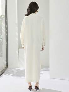 Heiryn New Spring And Summer Casual And Elegant Commuting, Daily Dates, Birthday Parties, Office Wear, Simple And Modern Urban Intellectual Style, Shirt Collar, Lapel, Opening Front, Long Sleeves, Loose Fit, Arc Hem, Long Skirt, Shirt Skirt, Light Yellow Long Dress For Women  Casual Long Dress White Western Dress White Casual Dress Women Women Shirt Dress - Butter Yellow - View 4