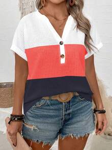 EMERY ROSE Áo thun tay ngắn dáng rộng cổ chữ V cỡ lớn, in họa tiết phối màu - trắng - Xem 1