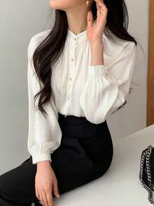 DAZY 纯色纽扣前插肩袖衬衫、长袖上衣、秋装 - 白色 - 查看 7